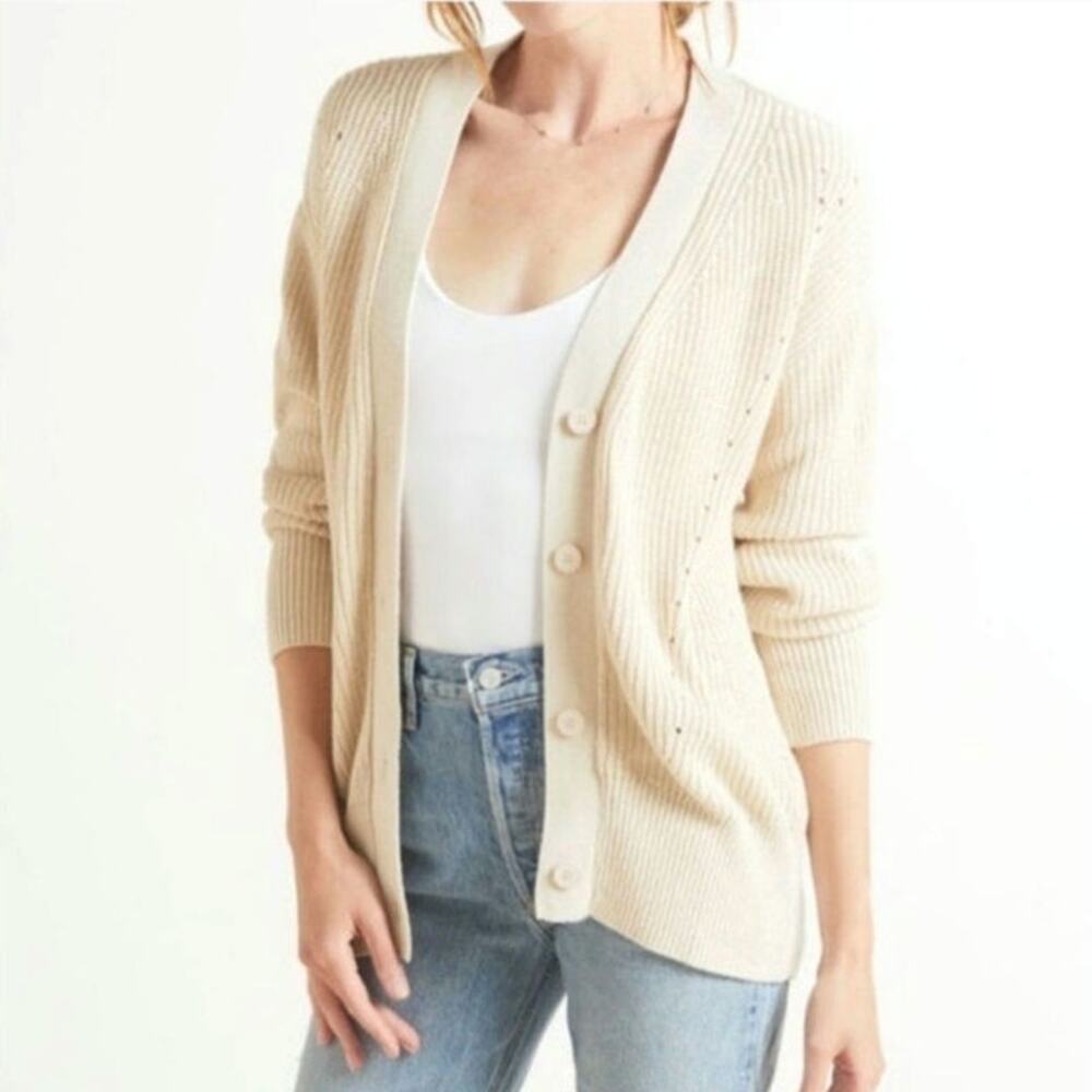Evereve NWT Reagan Pointelle Knit Cotton Blend Button Front Cardigan Cream S